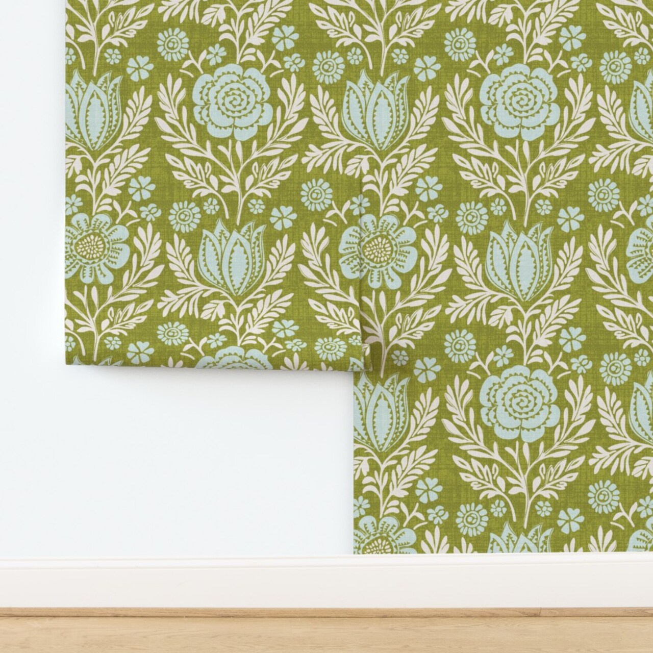 Green Botanical Sky Blue Flowers Rustic Hand Drawn Bohemian Farmhouse Cottagecore Custom Removable Wallpaper by Spoonflower Peel & Stick Wallpaper 2FT Wide